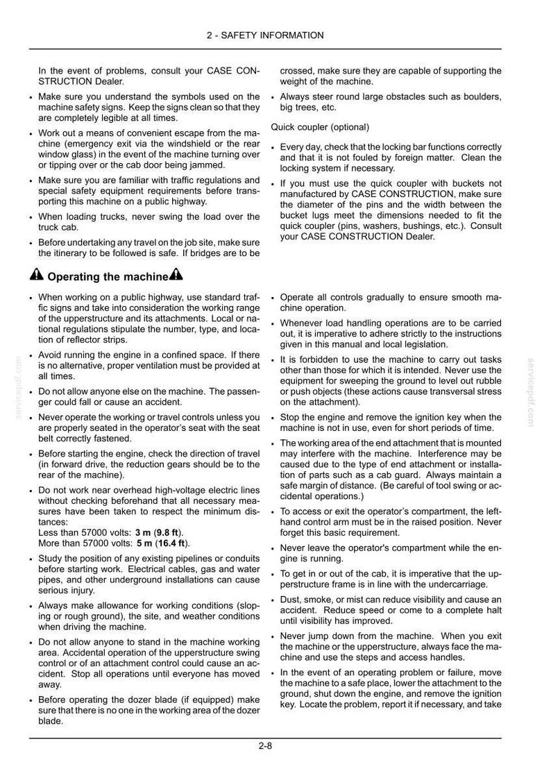 May include: A page from a manual with safety information for a CASE CONSTRUCTION machine. The text includes warnings about operating the machine, including overhead power lines and working conditions.