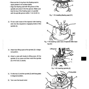 May include: A technical manual page titled Assembling spindle section, featuring four black and white line drawings labeled Fig. 1-78 through Fig. 1-81. The diagrams illustrate mechanical assembly steps for a spindle, floating seal, and hub.