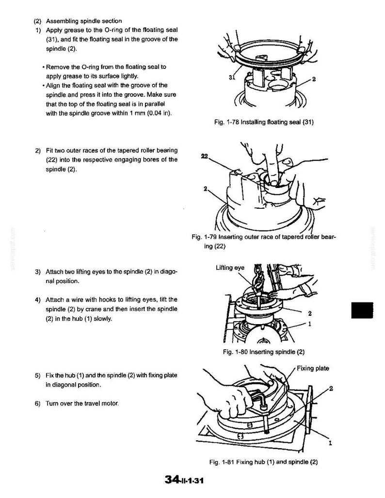 May include: A technical manual page titled Assembling spindle section, featuring four black and white line drawings labeled Fig. 1-78 through Fig. 1-81. The diagrams illustrate mechanical assembly steps for a spindle, floating seal, and hub.