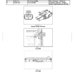 May include: Diagram of electrical connectors and wiring schematics. Includes a table with pin numbers, wire numbers, and circuit references. The image also shows a Draper Header Harness and other electrical components.
