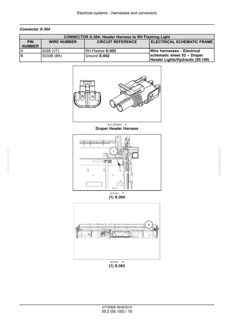 May include: Diagram of electrical connectors and wiring schematics. Includes a table with pin numbers, wire numbers, and circuit references. The image also shows a Draper Header Harness and other electrical components.