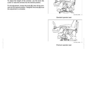May include: A technical manual page titled 6 - WORKING OPERATIONS featuring instructions for Joystick steering armrest adjustment. It includes two black and white line drawings labeled Standard operator seat and Premium operator seat with numbered parts.