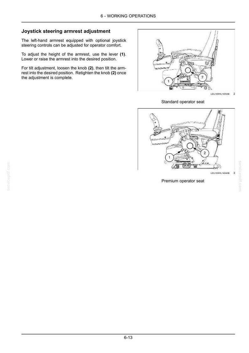 May include: A technical manual page titled 6 - WORKING OPERATIONS featuring instructions for Joystick steering armrest adjustment. It includes two black and white line drawings labeled Standard operator seat and Premium operator seat with numbered parts.