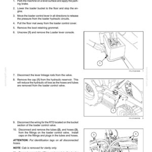Puede incluir: Diagrama del proceso de extracci&oacute;n del control del sistema hidr&aacute;ulico del cargador frontal. La imagen incluye pasos numerados con ilustraciones de los componentes, incluyendo mangueras, v&aacute;lvulas y la consola de la palanca del cargador. Se proporcionan instrucciones de texto.