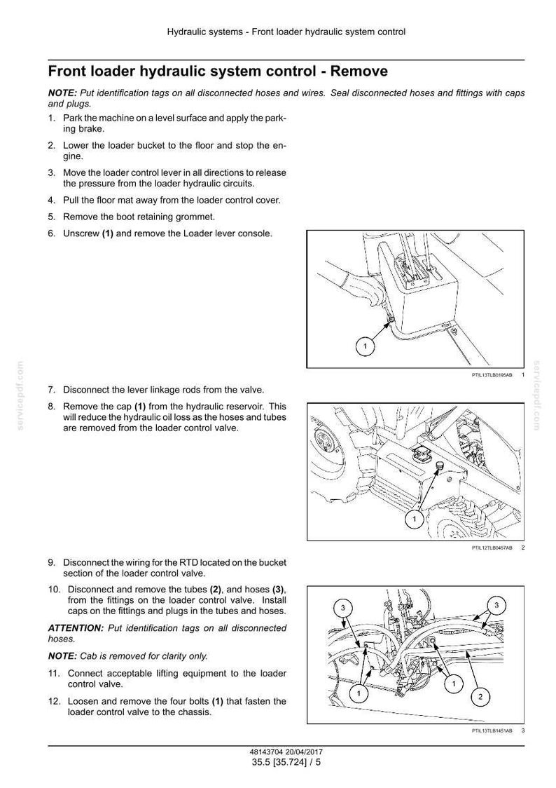Puede incluir: Diagrama del proceso de extracci&oacute;n del control del sistema hidr&aacute;ulico del cargador frontal. La imagen incluye pasos numerados con ilustraciones de los componentes, incluyendo mangueras, v&aacute;lvulas y la consola de la palanca del cargador. Se proporcionan instrucciones de texto.