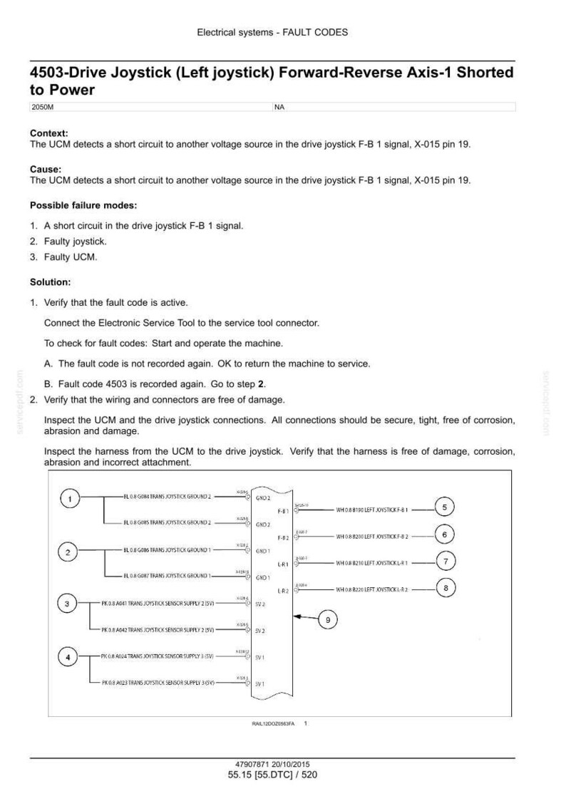 May include: Diagram of electrical system fault codes for a 4503-Drive Joystick. The document includes context, cause, possible failure modes, and a solution. The diagram shows wiring connections and labels.