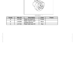 May include: Diagram of an electrical connector with a table detailing wire IDs, descriptions, and colors. The connector is a light gray color with three circular openings. The table lists purple, black, and red wires.