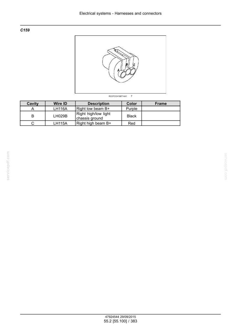 May include: Diagram of an electrical connector with a table detailing wire IDs, descriptions, and colors. The connector is a light gray color with three circular openings. The table lists purple, black, and red wires.