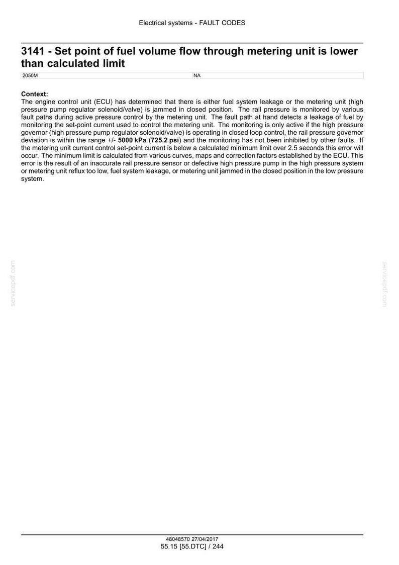 Op de afbeelding: Een technisch document met foutcode 3141, met betrekking tot de brandstofstroom in een elektrisch systeem. De tekst legt het probleem uit van de stroom van de meeteenheid die lager is dan de berekende limiet, met technische informatie.