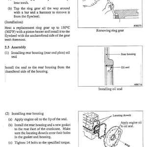 May include: Technical manual page with diagrams and instructions for engine repair. Includes steps for replacing a ring gear, installing an oil seal, and assembling the rear housing. Diagrams show tools and parts.