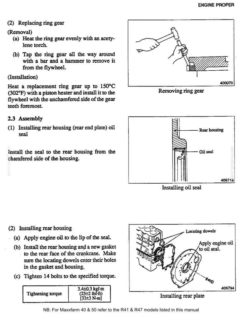 May include: Technical manual page with diagrams and instructions for engine repair. Includes steps for replacing a ring gear, installing an oil seal, and assembling the rear housing. Diagrams show tools and parts.