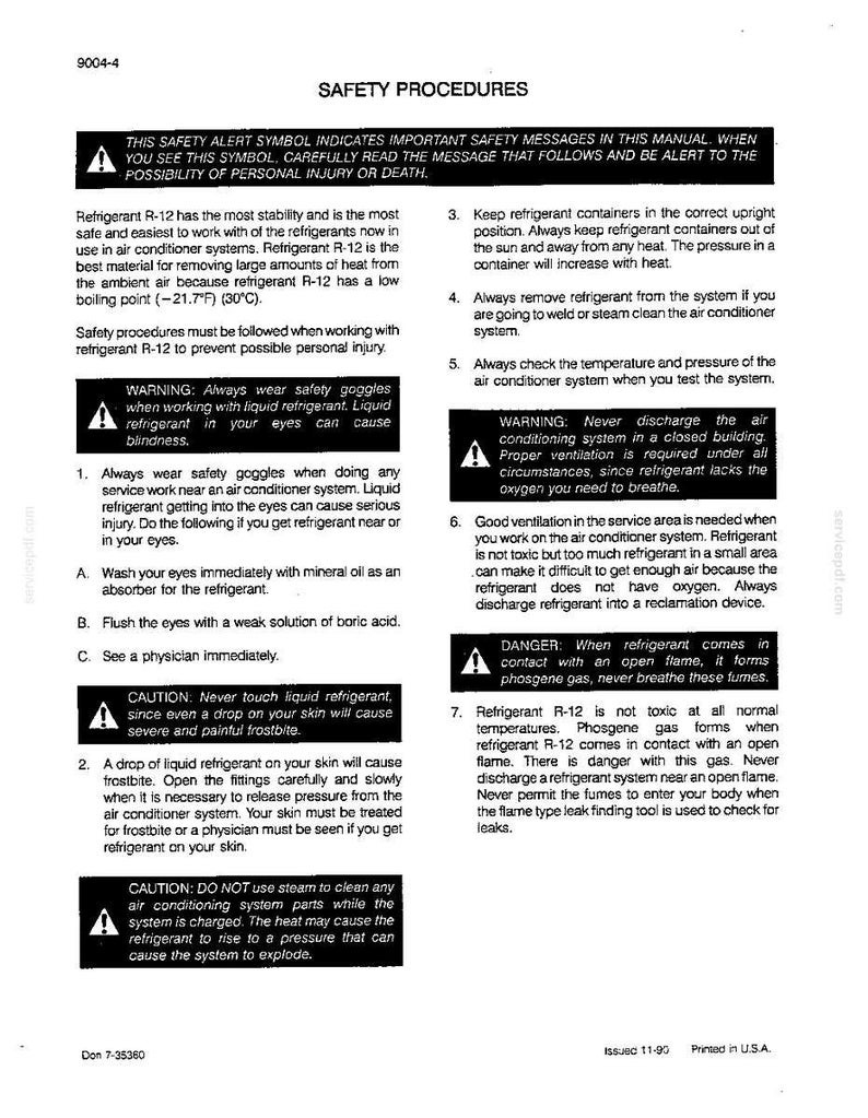 May include: A manual page with safety instructions for refrigerant R-12. It features warnings about eye protection, frostbite, and the dangers of open flames. The document also provides guidance on handling the refrigerant safely.