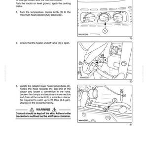 May include: A technical manual page titled Section 3 - Lubrication and Maintenance, detailing coolant change procedures for a tractor. It includes three black and white diagrams showing a temperature control knob, a heater shutoff valve, and a radiator hose.