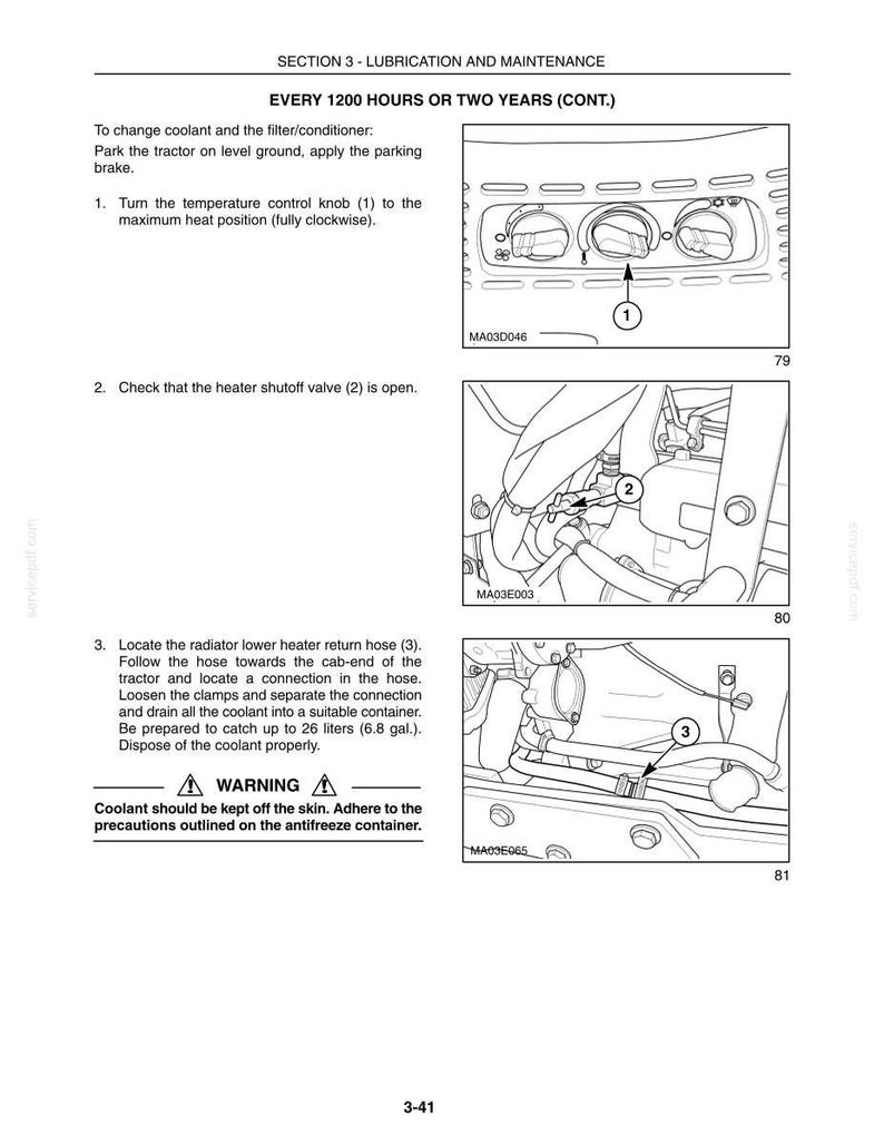 May include: A technical manual page titled Section 3 - Lubrication and Maintenance, detailing coolant change procedures for a tractor. It includes three black and white diagrams showing a temperature control knob, a heater shutoff valve, and a radiator hose.