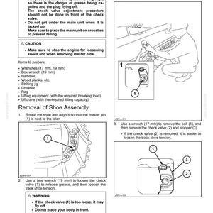 Puede incluir: Diagrama que ilustra la extracci&oacute;n e instalaci&oacute;n de un conjunto de zapata. Las instrucciones incluyen advertencias y precauciones, junto con una lista de herramientas necesarias como llaves (17 mm, 19 mm) y una llave de boca (19 mm).