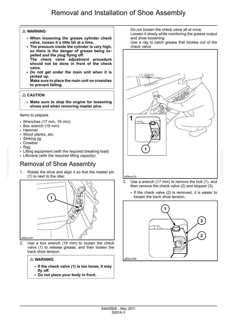 Puede incluir: Diagrama que ilustra la extracci&oacute;n e instalaci&oacute;n de un conjunto de zapata. Las instrucciones incluyen advertencias y precauciones, junto con una lista de herramientas necesarias como llaves (17 mm, 19 mm) y una llave de boca (19 mm).