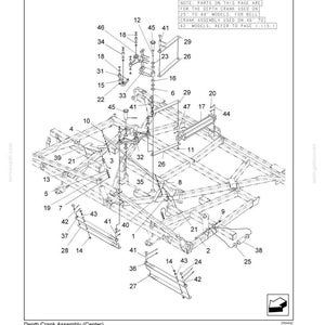 May include: A technical line drawing labeled SECTION 3 - MECHANICAL SERVICE and Depth Crank Assembly (Center) showing an exploded view of machinery components with numbered parts. A note specifies parts for 25 to 44 models and 46 to 62 models.