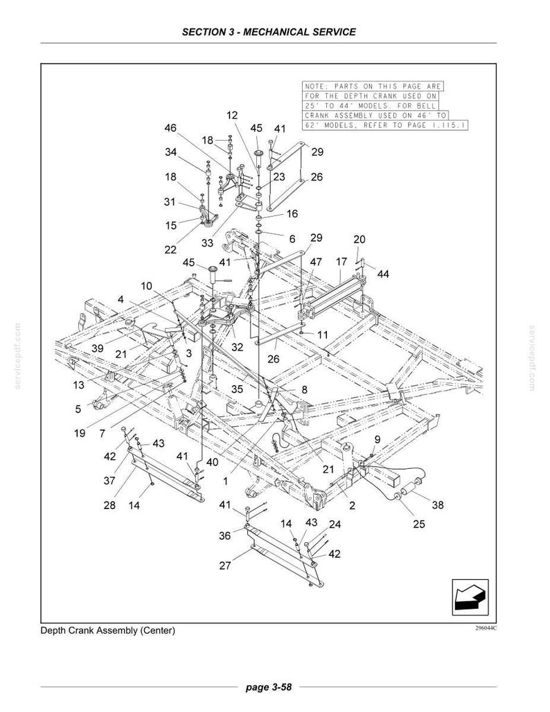 May include: A technical line drawing labeled SECTION 3 - MECHANICAL SERVICE and Depth Crank Assembly (Center) showing an exploded view of machinery components with numbered parts. A note specifies parts for 25 to 44 models and 46 to 62 models.