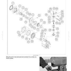 Peut inclure: Sch&eacute;ma de d&eacute;montage des freins de service m&eacute;caniques, avec des pi&egrave;ces num&eacute;rot&eacute;es et des &eacute;tiquettes. Comprend une photo d'une personne travaillant sur l'ensemble de freinage. Le texte en haut indique "Freins et commandes - Freins de service m&eacute;caniques".