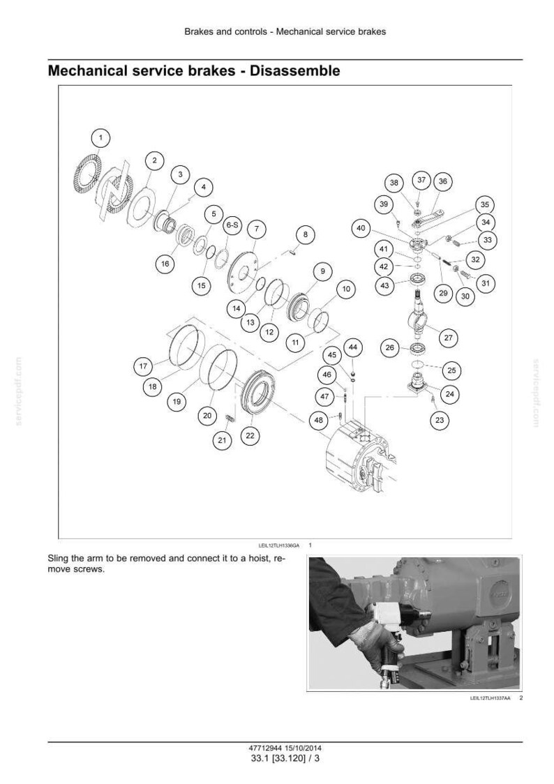 Peut inclure: Sch&eacute;ma de d&eacute;montage des freins de service m&eacute;caniques, avec des pi&egrave;ces num&eacute;rot&eacute;es et des &eacute;tiquettes. Comprend une photo d'une personne travaillant sur l'ensemble de freinage. Le texte en haut indique "Freins et commandes - Freins de service m&eacute;caniques".