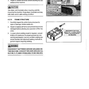 May include: A technical manual page titled 4. MAINTENANCE, section 4.5.14 STEPS AND HANDRAILS, and 4.5.15 FRAME STRUCTURE. It includes black and white illustrations of a construction machine and a battery with text instructions for safety and welding.