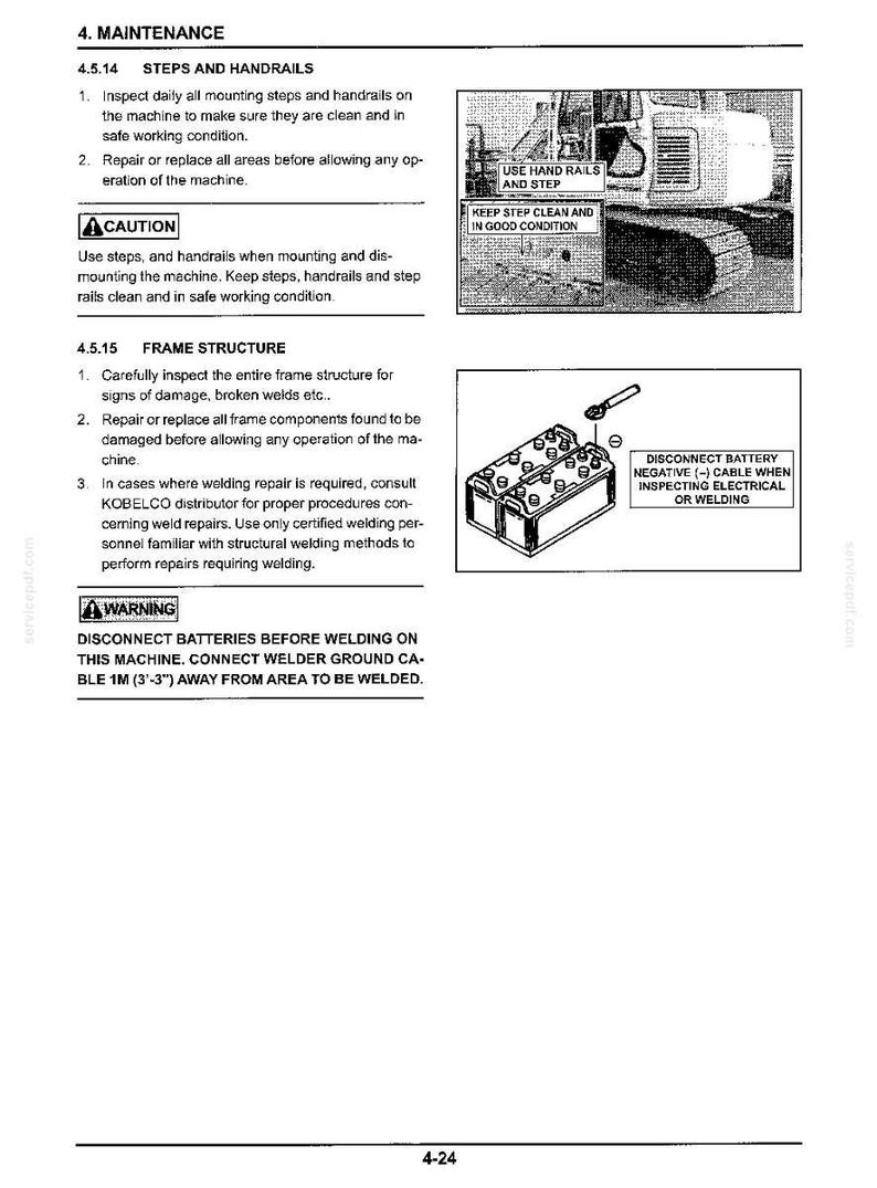 May include: A technical manual page titled 4. MAINTENANCE, section 4.5.14 STEPS AND HANDRAILS, and 4.5.15 FRAME STRUCTURE. It includes black and white illustrations of a construction machine and a battery with text instructions for safety and welding.