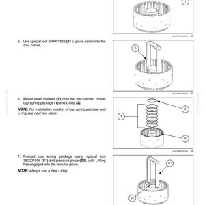 May include: Diagram of a transmission assembly process, showing the placement of pistons, cup spring packages, and L-rings. Includes labels for tools and components, with the text "Transmission - Powershift transmission".