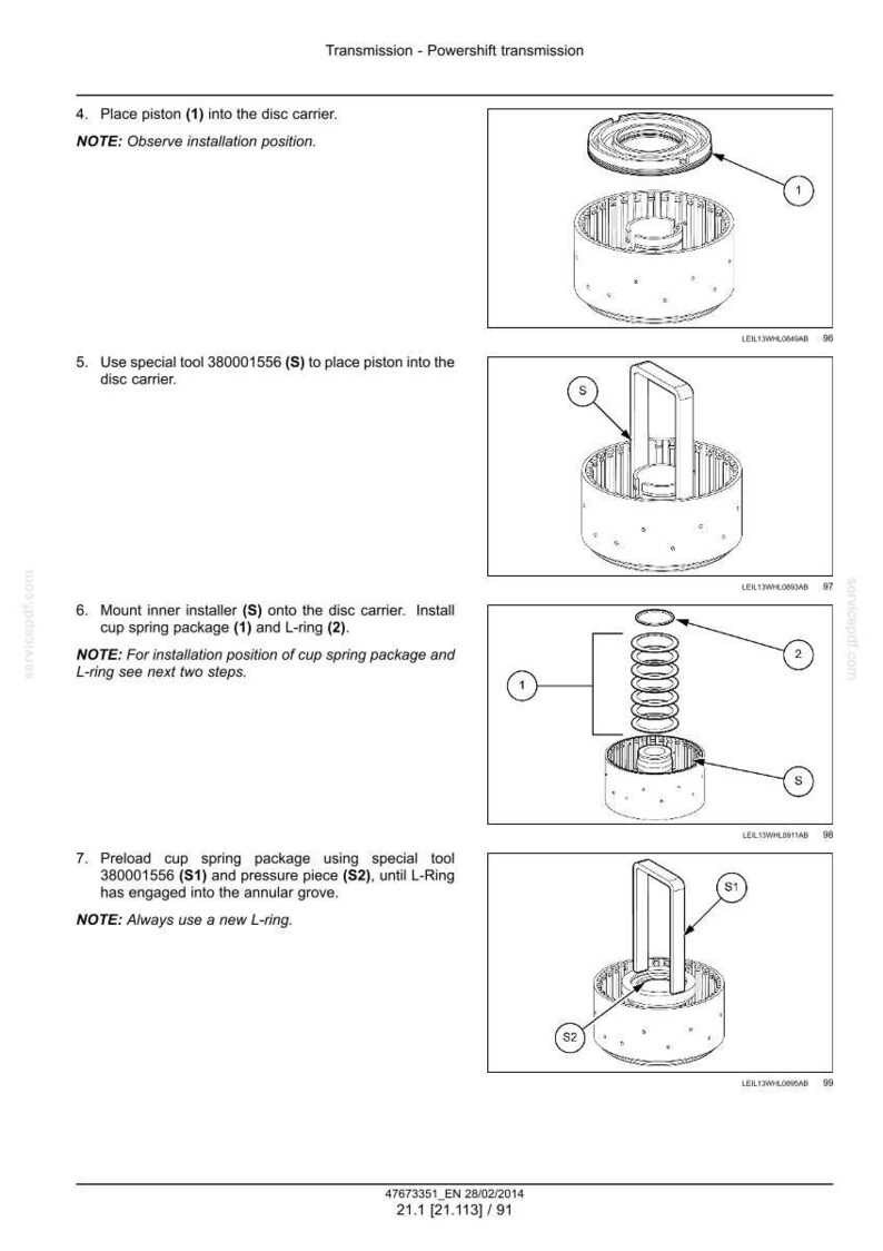May include: Diagram of a transmission assembly process, showing the placement of pistons, cup spring packages, and L-rings. Includes labels for tools and components, with the text "Transmission - Powershift transmission".