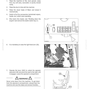 May include: A technical manual page titled SECTION 3 - OPERATING INSTRUCTIONS, detailing parking procedures for heavy machinery. It includes numbered steps, a warning icon, and three diagrams labeled 21, 22, and 23 showing controls and seat adjustments.