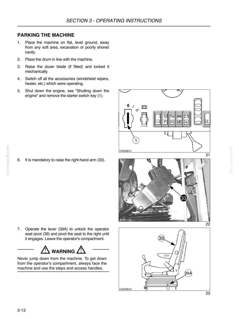 May include: A technical manual page titled SECTION 3 - OPERATING INSTRUCTIONS, detailing parking procedures for heavy machinery. It includes numbered steps, a warning icon, and three diagrams labeled 21, 22, and 23 showing controls and seat adjustments.