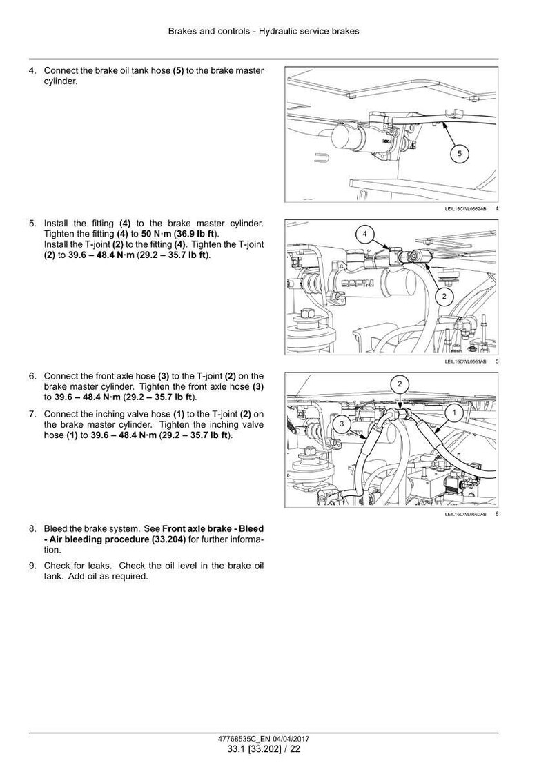 May include: Diagram of hydraulic service brakes, showing connections of hoses and fittings to the brake master cylinder. Includes torque specifications in foot-pounds. Text includes instructions for installation and bleeding the brake system.