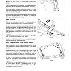 May include: A technical manual page titled 3 - CONTROLS AND INSTRUMENTS featuring black and white line drawings of a tractor's right-hand access door, rear window locking mechanism, and high visibility roof panel with numbered instructional diagrams.