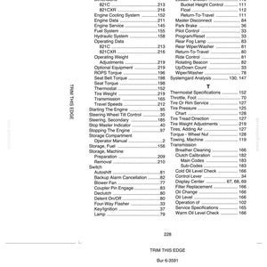 May include: A printed index page from a manual, featuring a list of specifications and terms. The text includes categories like "Engine Data," "Tire Weight," and "Operating Weight." The page is white with black text.