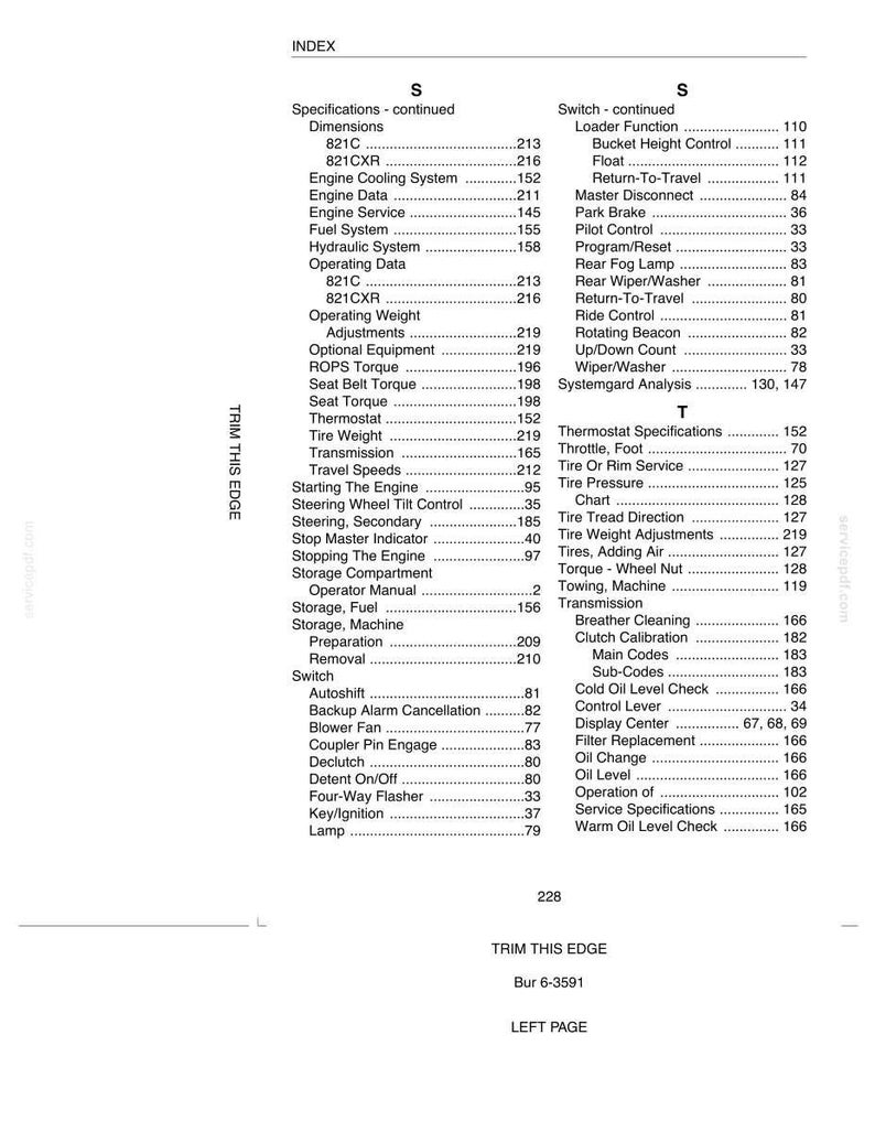 May include: A printed index page from a manual, featuring a list of specifications and terms. The text includes categories like "Engine Data," "Tire Weight," and "Operating Weight." The page is white with black text.