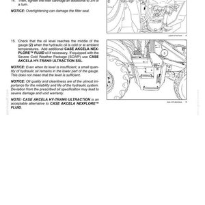 May include: Diagram of a machine's maintenance instructions. The image shows a detailed view of the machine's internal components, including a filter cartridge and gauge. Text provides instructions for filter installation and oil level checks.