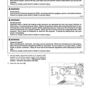 Puede incluir: Un diagrama t&eacute;cnico de un manual de sistemas el&eacute;ctricos, que detalla la extracci&oacute;n del sensor de nivel de combustible. El documento incluye advertencias de seguridad sobre lesiones, fugas de fluidos y riesgos qu&iacute;micos. Se proporcionan instrucciones.