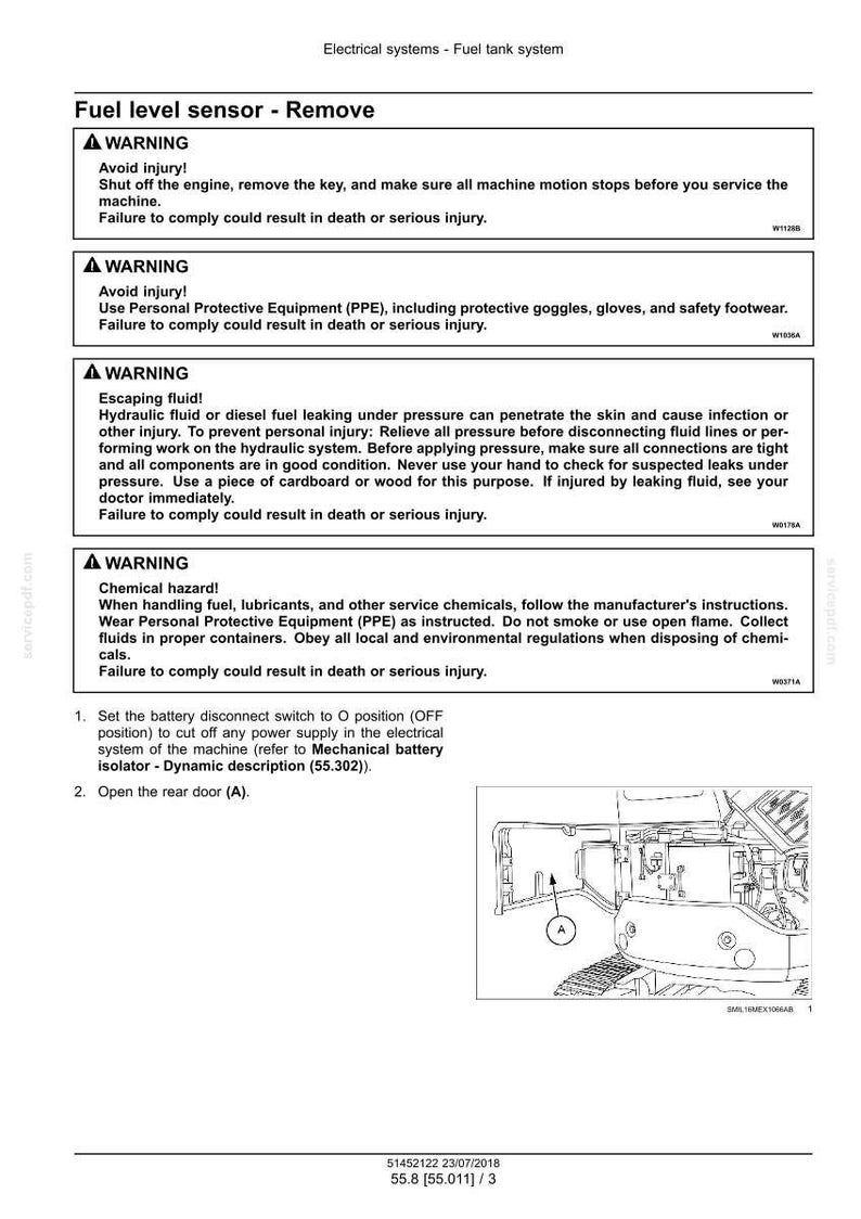 Puede incluir: Un diagrama t&eacute;cnico de un manual de sistemas el&eacute;ctricos, que detalla la extracci&oacute;n del sensor de nivel de combustible. El documento incluye advertencias de seguridad sobre lesiones, fugas de fluidos y riesgos qu&iacute;micos. Se proporcionan instrucciones.