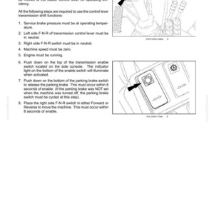 May include: Diagram of a hydraulic control transmission system with Forward-Neutral-Reverse (FNR) operation instructions. Includes close-up illustrations of control levers and switches, with arrows indicating their functions. Text explains the steps for shifting.