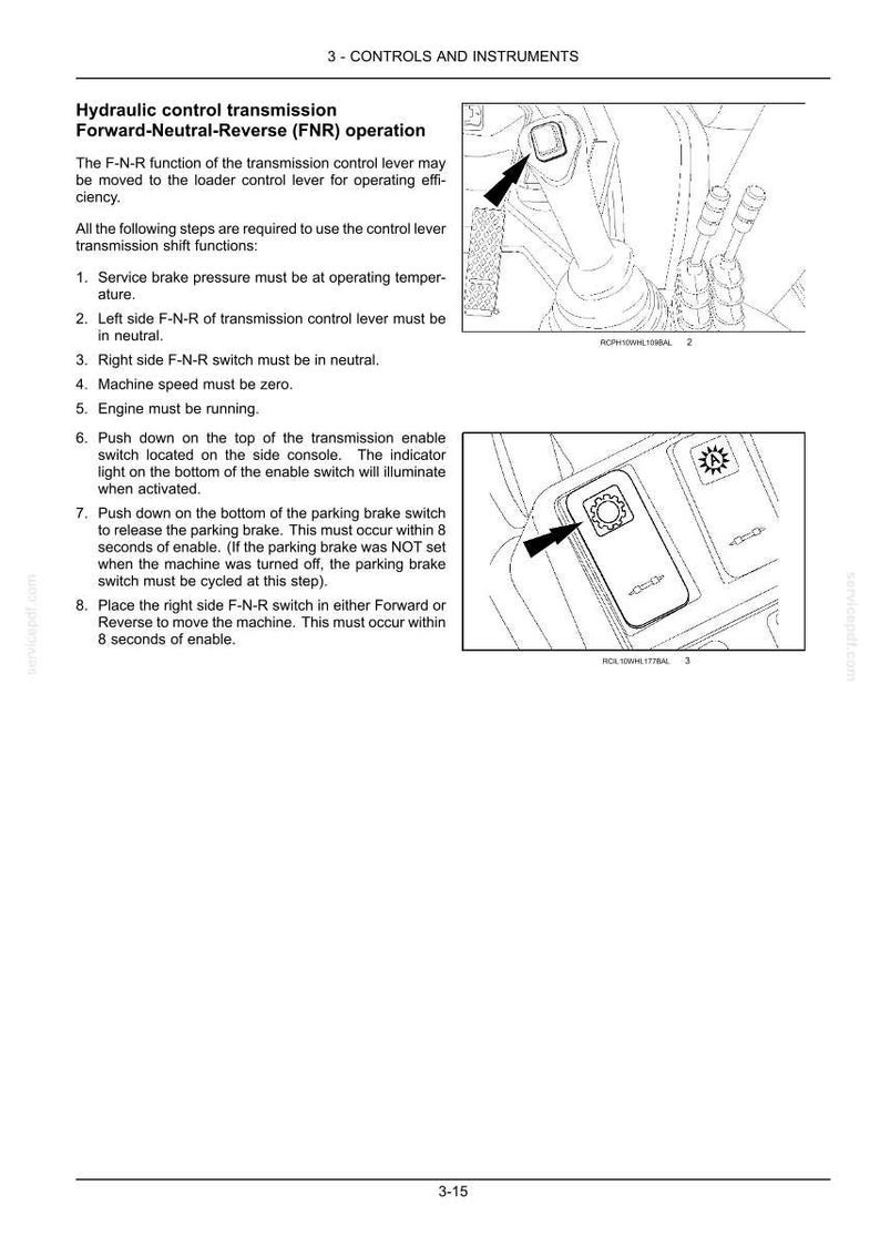 May include: Diagram of a hydraulic control transmission system with Forward-Neutral-Reverse (FNR) operation instructions. Includes close-up illustrations of control levers and switches, with arrows indicating their functions. Text explains the steps for shifting.