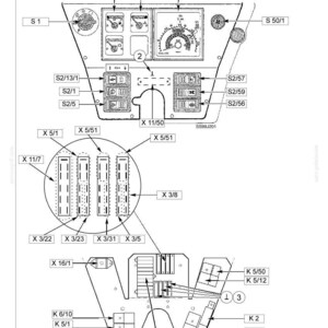 K&ouml;nnte beinhalten: Diagramm mit der Bezeichnung "Liste der Stecker" mit verschiedenen beschrifteten Komponenten. Enth&auml;lt Messger&auml;te, Schalter und Anschlussbl&ouml;cke. Textbezeichnungen umfassen "X" und "K" Bezeichnungen sowie Zahlen. Das Diagramm ist in Schwarzwei&szlig;.