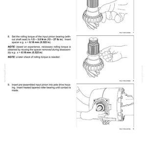 May include: Diagram of a rear axle system with instructions for assembly. The image shows steps for inserting bearings and setting torque, with measurements in inches and pounds. Includes text instructions and diagrams.