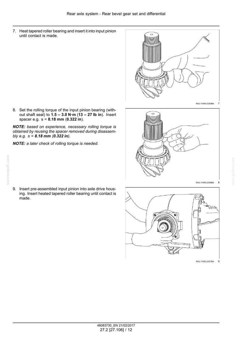 May include: Diagram of a rear axle system with instructions for assembly. The image shows steps for inserting bearings and setting torque, with measurements in inches and pounds. Includes text instructions and diagrams.