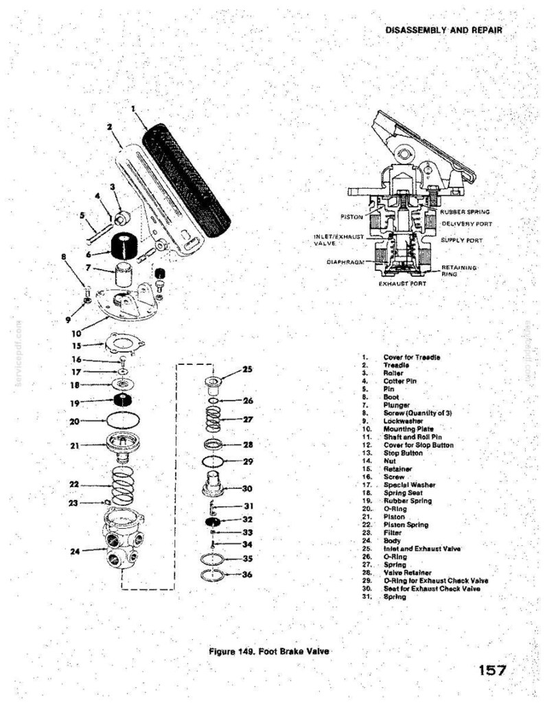 May include: Technical diagram of a foot brake valve, disassembled and labeled. Components include a treadle, piston, springs, and various valves. The diagram is black and white with detailed part numbers and names.