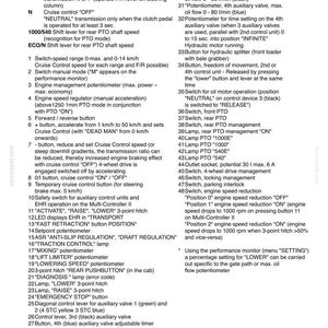 May include: A detailed diagram of a right-hand armrest operating console, featuring numerous buttons, switches, and potentiometers. Text labels describe functions like cruise control, PTO, and engine speed reduction. Measurements are in liters per minute.