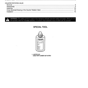 May include: A page from a manual with the title "TABLE OF CONTENTS". It includes a warning symbol and a diagram of a Loctite 270 bottle. The text includes "SPECIAL TOOL" and details on the counter rotation valve.