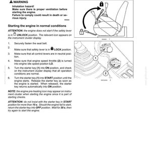 May include: A page of operating instructions titled Starting the Unit, featuring text warnings about inhalation hazards and numbered steps for starting an engine. Two diagrams illustrate a safety lever and a starter key position with numbered labels.