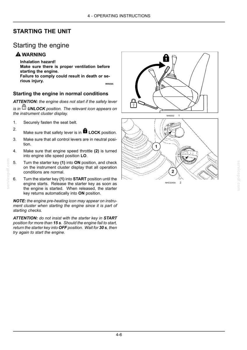 May include: A page of operating instructions titled Starting the Unit, featuring text warnings about inhalation hazards and numbered steps for starting an engine. Two diagrams illustrate a safety lever and a starter key position with numbered labels.
