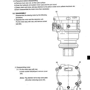 Może przedstawiać: Schemat techniczny silnika obrotu, z szczeg&oacute;łowymi ilustracjami jego komponent&oacute;w. Schemat zawiera etykiety i instrukcje demontażu, z wyraźnie zaznaczonymi wymiarami i numerami części. Tekst zawiera tytuł "5. Slewing Motor".