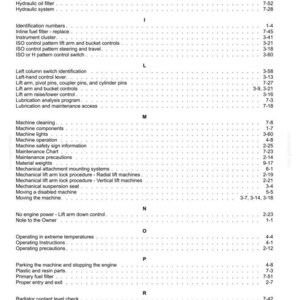 May include: A black and white printed index page from a technical manual, featuring alphabetical headings from H to R. The text lists various machine maintenance, operation, and safety topics with corresponding page numbers in a column format.