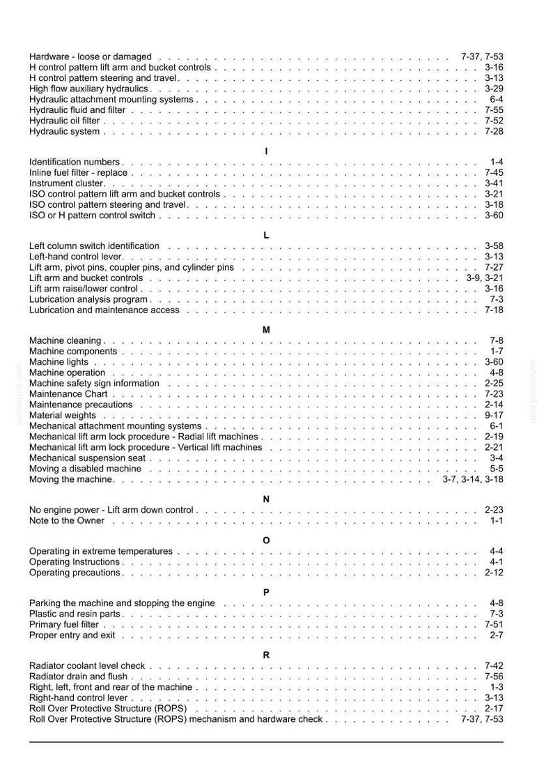 May include: A black and white printed index page from a technical manual, featuring alphabetical headings from H to R. The text lists various machine maintenance, operation, and safety topics with corresponding page numbers in a column format.
